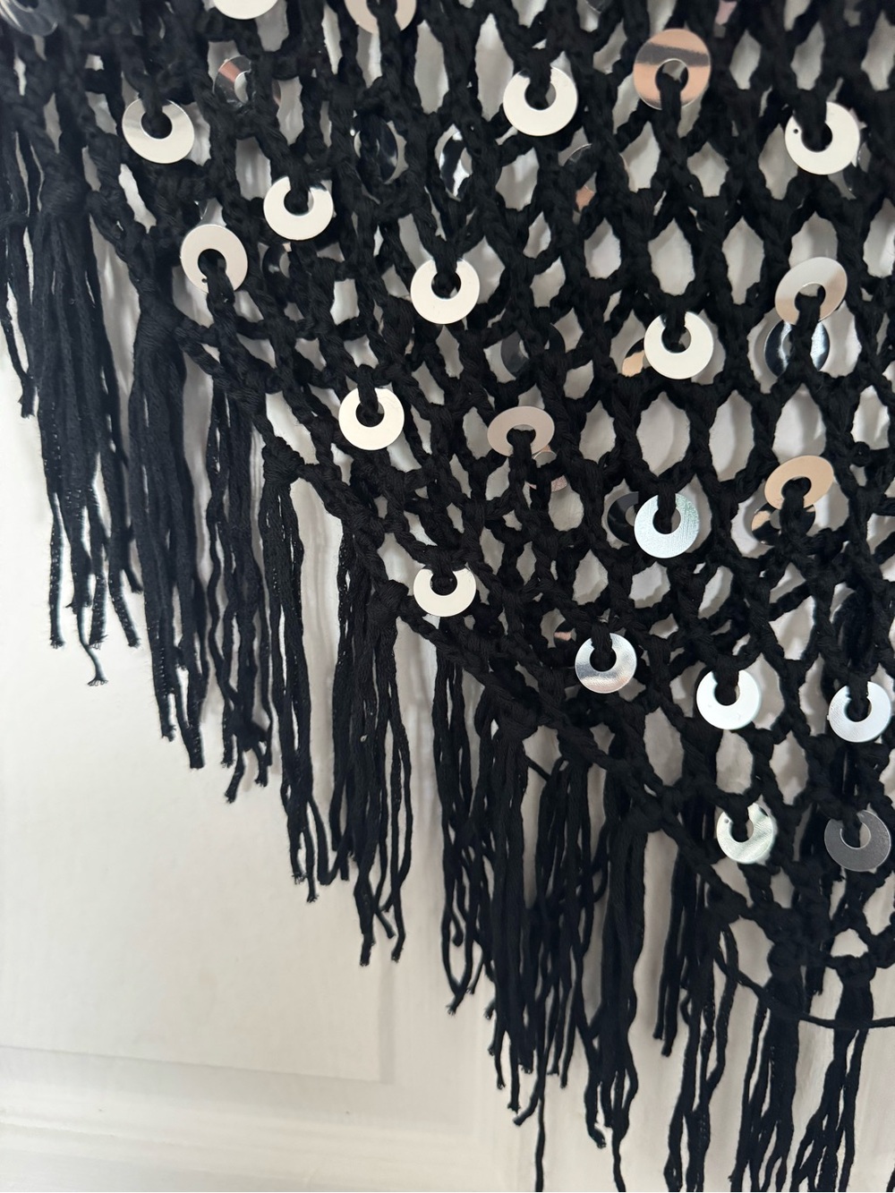 Y2k , vintage Black Sequin Crochet Fringe Poncho Sweater - Picture 4 of 4